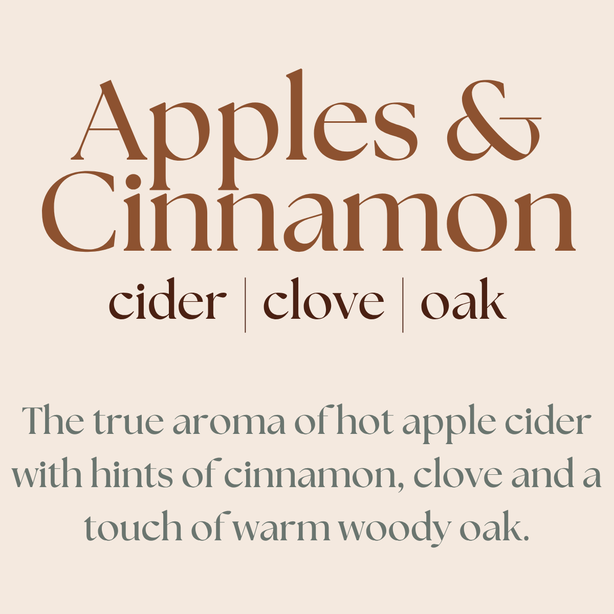 Text description of apple cider with cinnamon, clove, and oak on a beige background